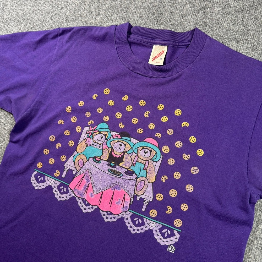 1993 Teddy Bear Tea Party Vintage Jerzees T-Shirt Unisex Medium Purple 90s USA